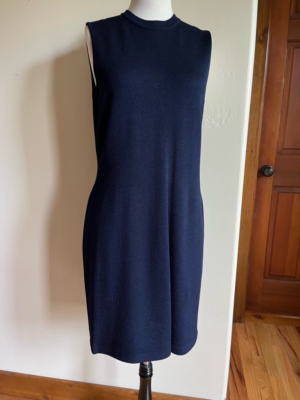 St. John Basics Santana Knit Navy Sleeveless Midi Sheath Dress